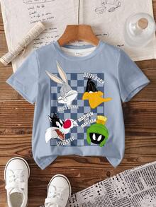 LOONEY TUNES X SHEIN Young Boys Crew Neck Short Sleeve Casual Cartoon Cute Print Summer T-Shirt, - White - View 1