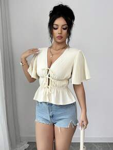 Elenzga Elegant,Effortless Chic Cream White Women's Blouse,Deep V-Neck Ruffled Sleeves Front Knotted Hem Casual Summer Top For Vacation - Apricot - View 6