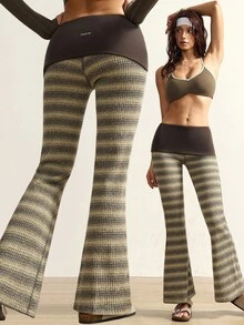 VARSIVA Women's Dark Green Color-Blocked Flared Pants With A Folded Waistband And Color-Blocked Stripes Are A Versatile And Casual Style, Perfect For Yoga And Pilates. - Multicolor - View 11