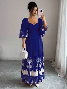 Mulvari Women's Vacation Ruffle Sleeve Fashionable Placement Print Dress - Blue - View 5