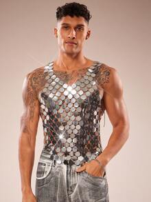 FeverCity Men's Sequin Hollow-Out Silver Tank Top - Silver - View 4