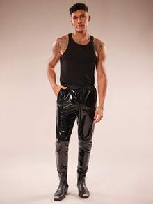 FeverCity Men's Fashion Nightclub Party PU Leather Drawstring Waist Slant Pocket Skinny Pants - Black - View 6