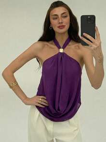 Aloruh 女士性感纯色露背吊带背心，夏季 - 紫色 - 查看 9