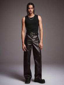 STYNVO Men's Fashion Party & Banquet Minimalist PU Leather Straight Leg Pants, Without Belt - Coffee Brown - View 5