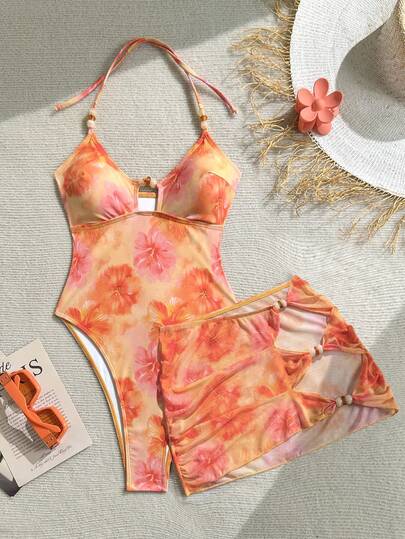 Soleia Floral Print Halter Neck Sleeveless Bikini Set