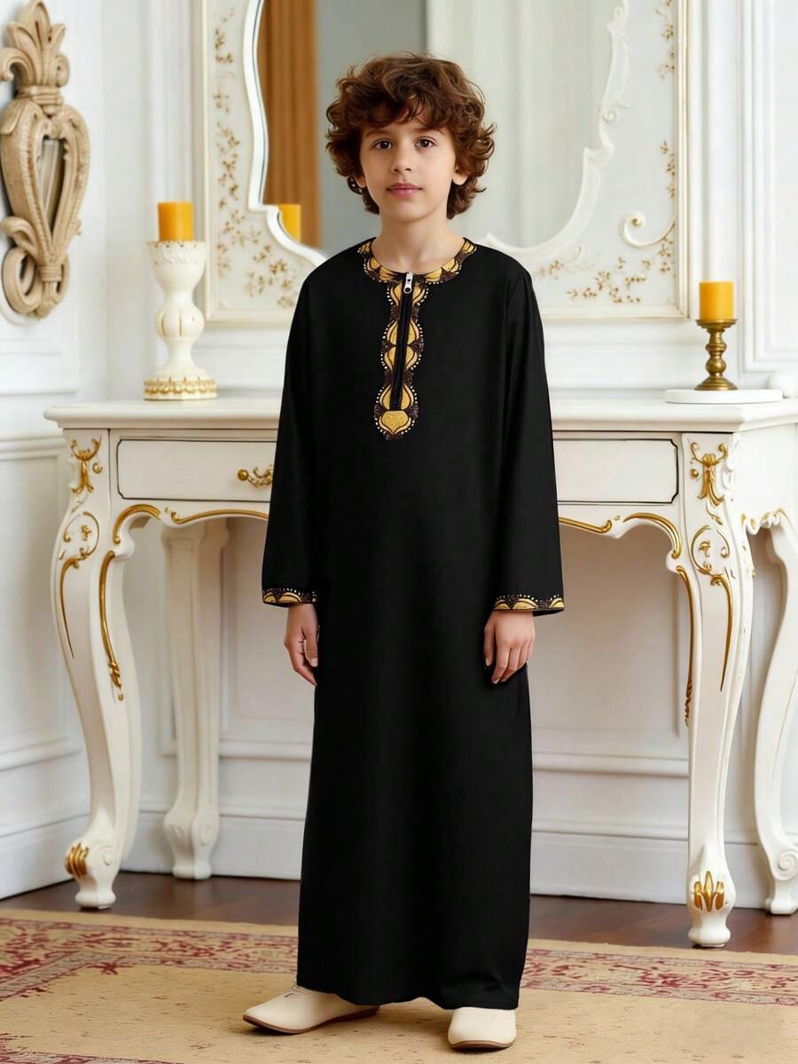Vacaura 1pc Tween Boys Black Modest Long Shirt,Elegant Gold Embroidery Design,Round Neck,Zipper Front,Straight Fit,Autumn Holiday Retro Classic Style - Black - View 1