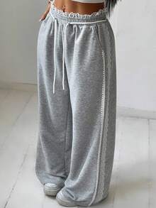 SHEIN EZwear Women's Drawstring Waist Lace Patchwork Casual Versatile Commuting Sweatpants - Light Grey - View 7