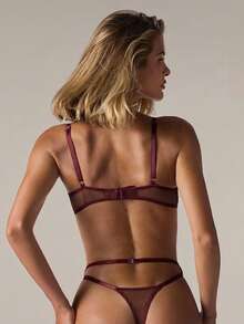 SHEIN BAE 5件套女士刺绣网眼性感内衣套装 - 中紫紅色 - 查看 2