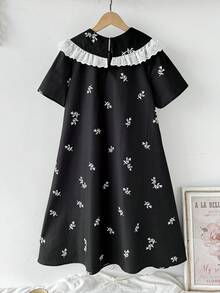 Loose Elegant Ditsy Floral Contrast Lace Trim Teen Girl Dress - Black - View 2