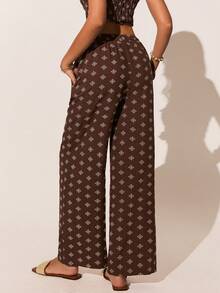 Poéselle Pantalones anchos de pierna ancha con estampado todo sobre, cintura con cordón y bolsillos, para uso diario, pantalones marrones, pantalones de playa, pantalones casuales, para verano para mujeres, pantalones de playa para mujeres, pantalones de vacaciones para mujeres - Marrón - Ver 6