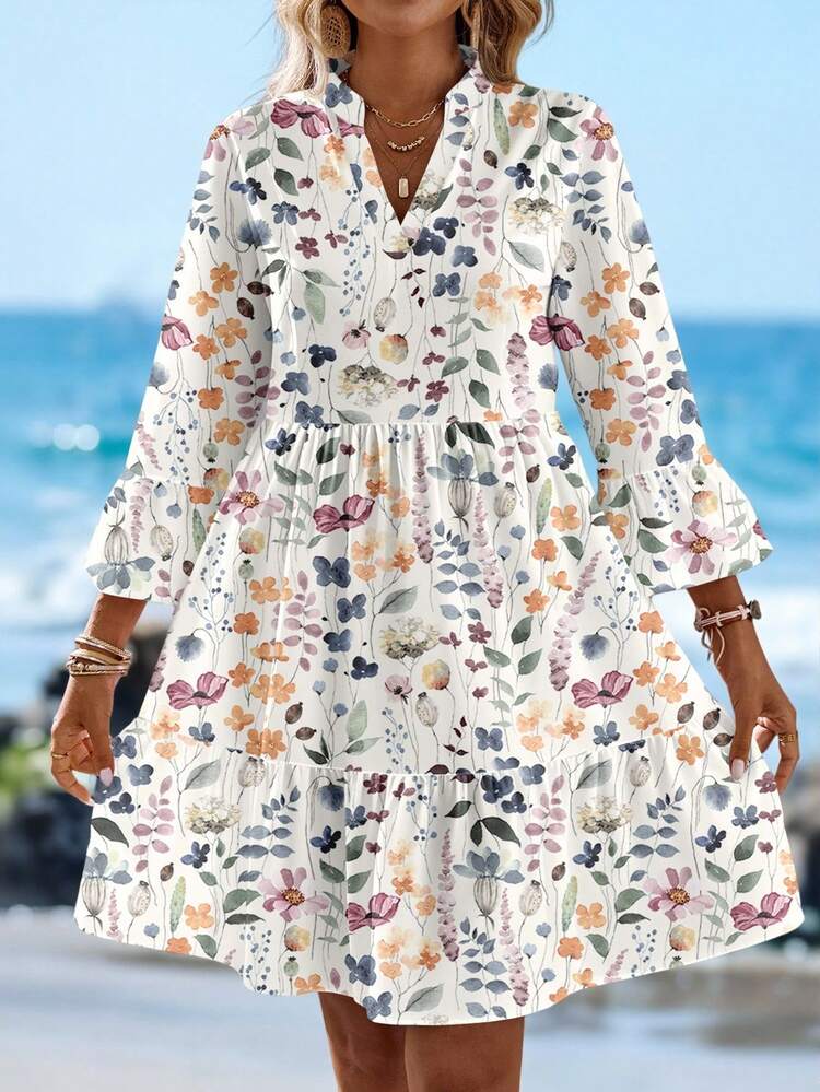Casual Simple Small V-Neck Three-Quarter Sleeve Retro Floral Print Floral Pattern Women's Short Skirt, Suitable For Autumn And Winter Chic Dress,Vacation,Summer Dresses For Women