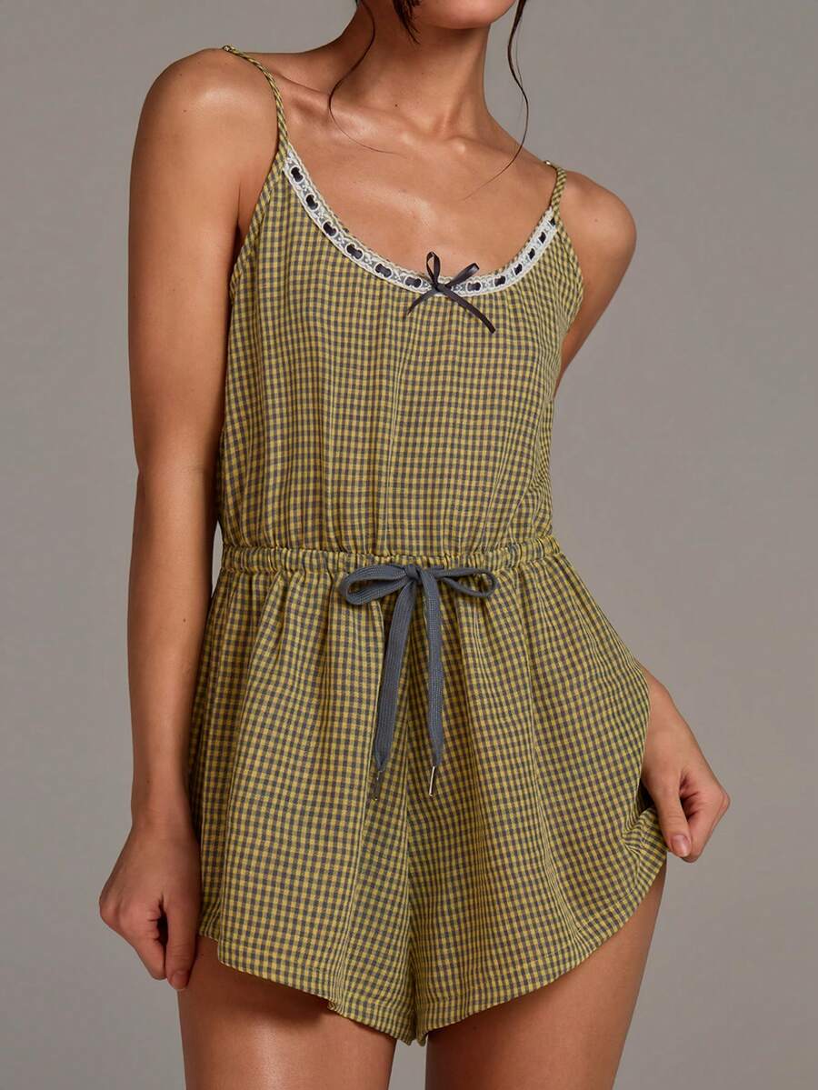 Athîral Women's Casual Olive Green Plaid Romper,Summer Spaghetti Strap Fitted Jumpsuit,Everyday Home Wear,Beach Vacation Outfits,Teen Girl Fashion Pajamas - Multicolor - View 1