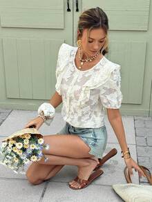 SHEIN Frenchy Women's Elegant Round Neck Cutout Ruffle Trim Solid Color Short Sleeve Cut Flower Chiffon Shirt Casual Shirt, Vacation Style,Acquard Textured Babydoll,Romantic Jacquard Flower Summer Tops,Ruffled Top, For Everyday Wear,French Holiday Casual Outfits,Summer Tops,Summer, Valentine's Day, Carnival, Party ,Wedding ,Birthday, Elegant ,Vacation, Casual ,Summer Tops ,Fasching Women Costume - Apricot - View 3