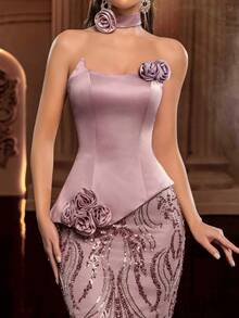 Glamrae 优雅奢华珍珠串珠刺绣网纱拼接弹力缎面褶皱美人鱼裙，适合婚礼、派对、度假、舞会、晚礼服（重工刺绣） - 粉色 - 查看 5