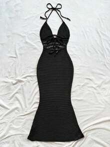 Soleia 女士度假休闲露背吊带针织连衣裙钩编长裙夏季长裙沙滩长裙钩编连衣裙秋冬度假连衣裙 - 黑色 - 查看 4