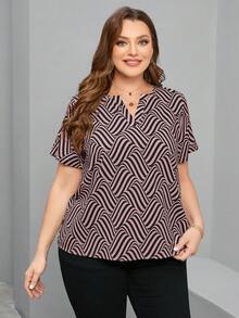 Chikora Summer Shirts Plus Size Short Sleeve Summer Blouse With Notched Lapel - Pink - View 4