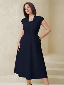 SHEIN Clasi Plus Size Elegant Button Decor Office Dress - Navy Blue - View 6
