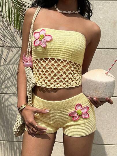 Aloruh Women's New Yellow Knitted Tube Top, Crochet Orchid Fishnet Crop Top And Ultra Low Waist Brown Contrast Color Knitted Butterfly Orchid Shorts, 2 Pieces Knitted Suit Suitable For Vacation, Beach