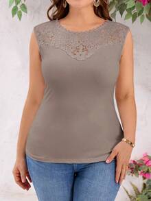 SHEIN Clasi Plus Size Women Solid Color Contrast Lace Fitted Fashionable Round Neck Camisole - Khaki - View 3