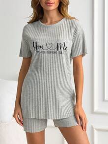 SHEIN 100%Cotton Letter Graphic Drop Shoulder Tee & Short Pijama Set - Grey - View 3