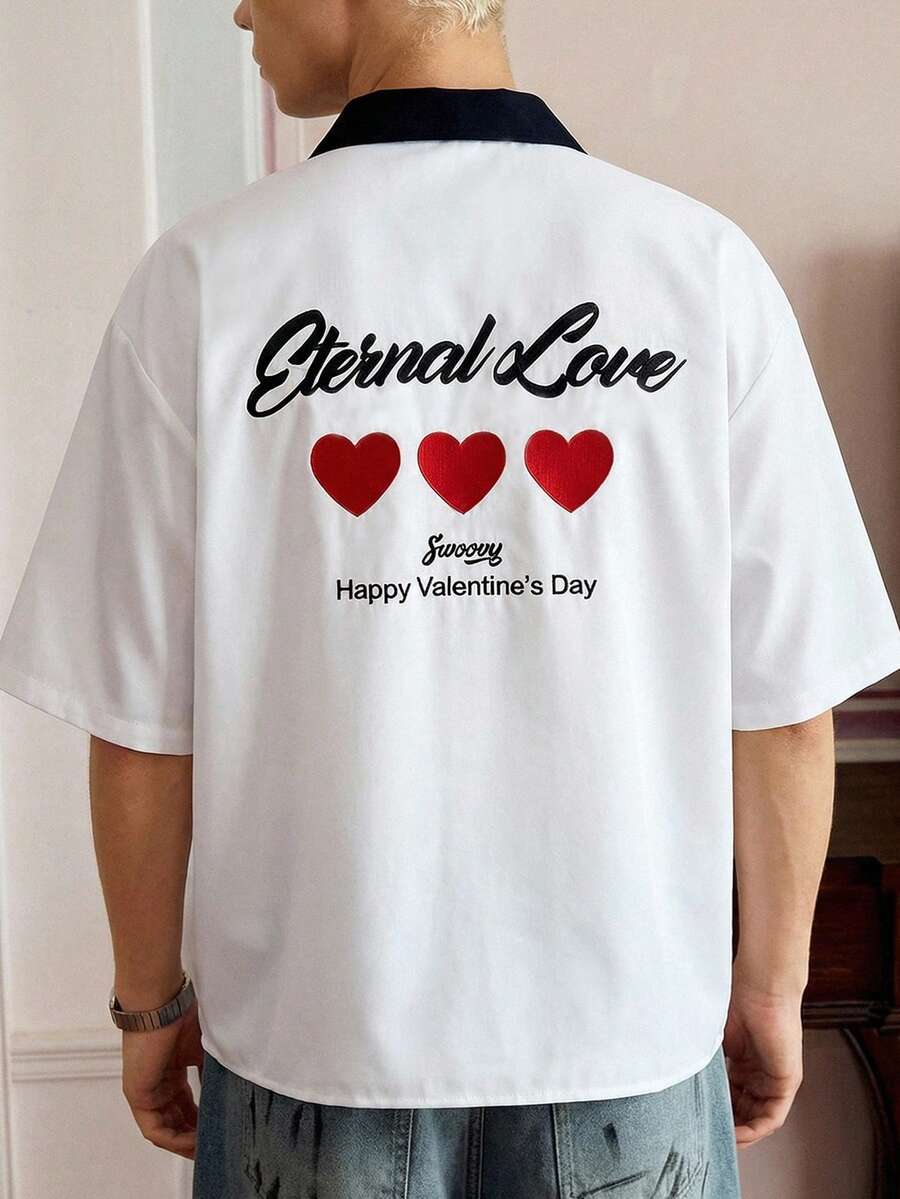 SWAVVY Men's Fashion Letter Embroidered Short Sleeve Shirt, Spring/Summer Heart Shirt Couple Tshirt - Multicolor - View 1