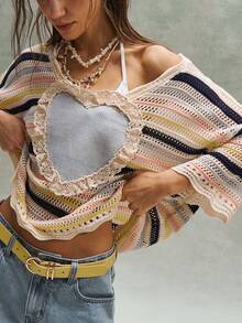 Bohemela Women's Lace Patchwork Hollow Out Casual Versatile Daily Wear Long Sleeve Sweater - Multicolor - View 3