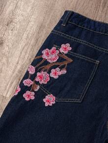 Manfinity Joysei Men's Street Fashion Casual Plaid Embroidered Floral Design Straight Leg Wide Leg Jeans - Dark Wash - View 4