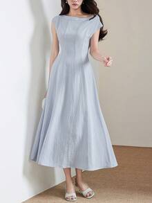 Heiryn Women's Elegant Solid Color Batwing Sleeve Dress - Gray Blue - View 6