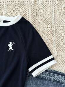 SHEIN Tween Girl Knight Print Round Neck Raglan Short Sleeve Casual T-Shirt - Navy Blue - View 4