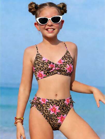 Leopard Floral Bikini Set, Fitted For Teenage Girls, Summer Beach Vacation