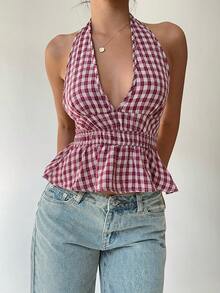 Aloruh Women's Plaid Halter Backless Shirt Checkered Top Halter Top Top Summer Top Plaid Top - Khaki - View 7