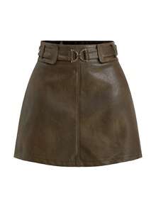 Ellevyn Casual Women's Brown Plain Woven Fabric Mini Skirt With Zipper Detail - Brown - View 3