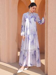 Graceveil 优雅雪纺印花长裙 - 紫羅蘭色 - 查看 7