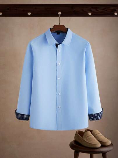 Core Aspect 男士休闲商务长袖衬衫，领口和袖口撞色，男士修身衬衫，男士时尚衬衫，秋季