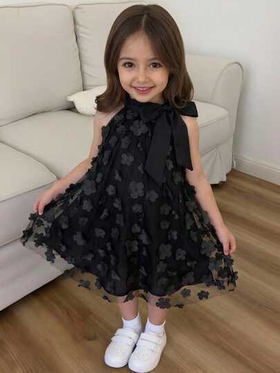 SHEIN Young Girl Mandarin Collar Mesh Cutout Loose Casual Dress