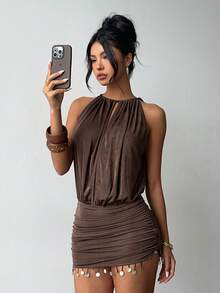 Aloruh Women's Solid Color Sexy Evening Party Date Spring Summer Vacation Shell Tassel Ruched Bodycon Dress, Brown Sexy Deep V Backless Halter Mini Dress - Brown - View 2