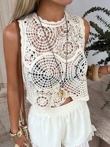 DAZY Áo tank top croptop nữ họa tiết hoa móc rỗng, thiết kế độc đáo, trang phục nghỉ dưỡng cao cấp. - Màu be - Xem 5