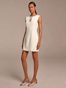 COSMINA Women's Elegant Sleeveless Crystal Teardrop Collar Mini Dress, Versatile For Commute, Office, Dates, Parties, Spring - White - View 6