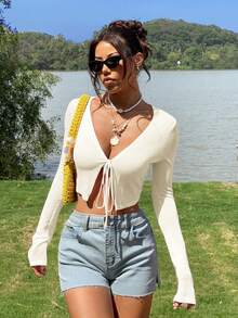 SHEIN EZwear Áo khoác cardigan ngắn cổ chữ V màu trơn thắt nơ phía trước dành cho nữ, kiểu dáng thường ngày. - Màu be - Xem 5