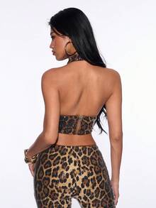 SHEIN ICON Top halter sin espalda con estampado de leopardo y lentejuelas, de moda y sexy, para conciertos country y fiestas, verano - Multicolor - Ver 2