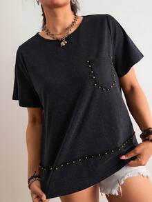 Freevana Áo thun cỡ lớn, màu trơn, cổ tròn, tay ngắn, dáng rộng, thoải mái, đa năng, thích hợp cho mùa hè. - màu đen - Xem 4