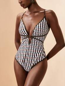 Zivah 2026 Spring/Summer Vacation Beach Striped Print Tie-Front Backless One-Piece Swimsuit - Brown - View 4