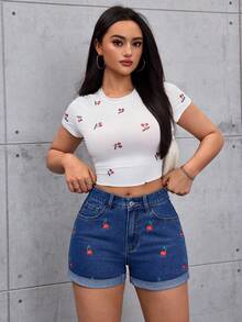 SHEIN ICON Women's Fruit Embroidered Frayed Hem Loose Denim Shorts - Medium Wash - View 10