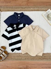 3件套男童休闲条纹短袖polo衫、衬衫、针织上衣套装，春夏款 - 黑與白 - 查看 1