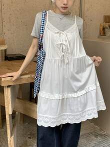 DAZY Women's Solid Color Lace Patchwork Knotted Ruffle Hem Camisole Summer Easter - White - View 5
