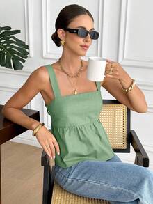 Serisse Women's Solid Color Ruched Back Twist Design Casual Versatile Top For Dates And Outings,Summer Top - Green - View 5