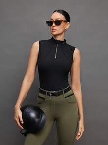 Activina Women's Solid Color Stand Collar Zipper Half Placket Casual Equestrian Top Equestrian Clothing Women's Equestrian Active Wear For Women Sleeveless Tops For Women - Black - View 4