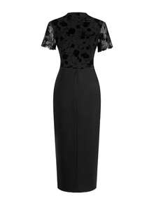 Ellevyn Twist Rose Flocked Bodycon Elegant Romantic Dress - Black - View 2