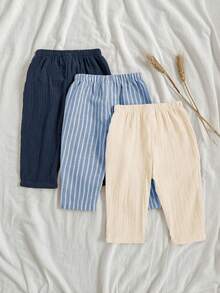 Loomiva 3pcs Baby Boys/Girls Elastic Waist Pants Set With Decorative Ribbon, Versatile & Comfortable For Outings, Street Style, Home, Party,Kids - Multicolor - View 6