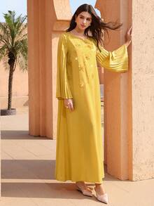 Graceveil Beaded Round Neck Pleated Design Long Sleeve Flared Satin Arabic Style Dress For Women - Yellow - View 4